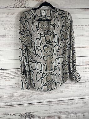 CAbi Blouse Womens XS Beige Snake Animal Print V Neck Long Sleeve Boho Top